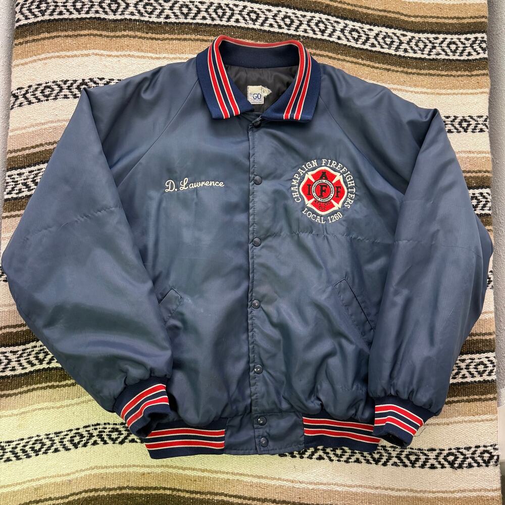 Vintage 80's Go Sportswear Blue Champaign Firefighter Snap Bomber Jacket Sz XL